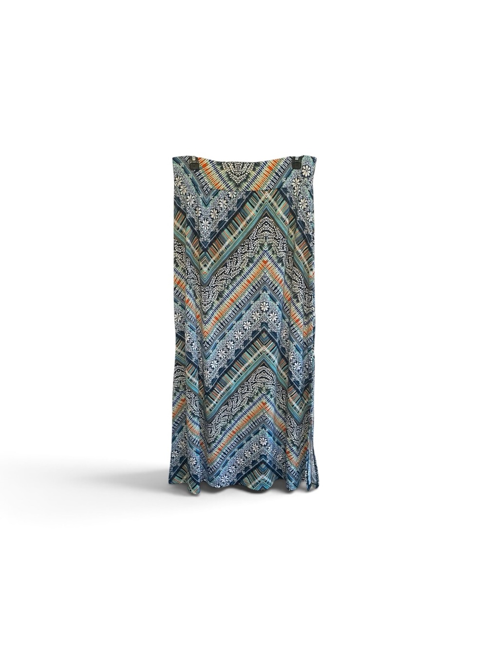 Studio 253 Maxi Skirt Womens Lg Blue Boho Geometric Soft Stretch Knit Side Slits
